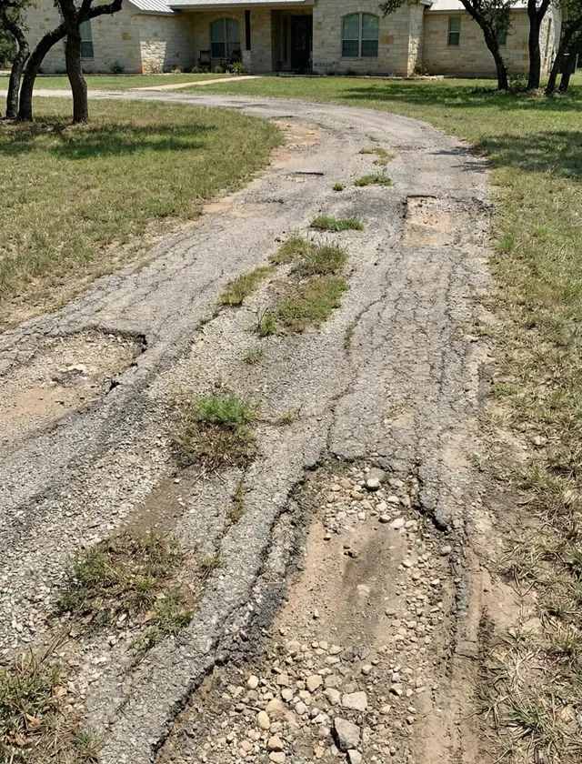 Broken, potholed driveway in front of a limestone house before paving