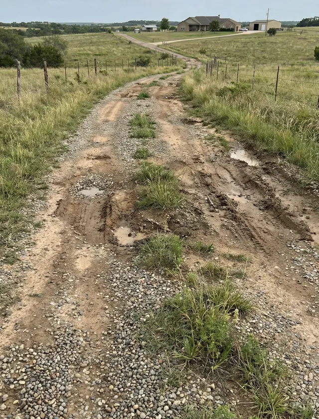Rutted gravel and dirt lane through pasture before chip seal